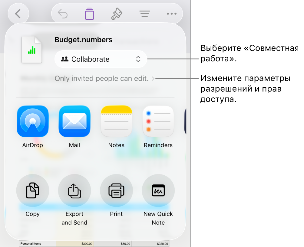 В верхней части экрана отображается меню «Поделиться». Выбран параметр «Совместная работа», под ним находятся настройки прав доступа.