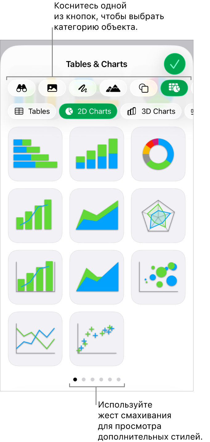 Элементы управления для добавления объекта и кнопки сверху для выбора таблиц, диаграмм, фигур (в том числе линий и текстовых блоков) и медиафайлов.