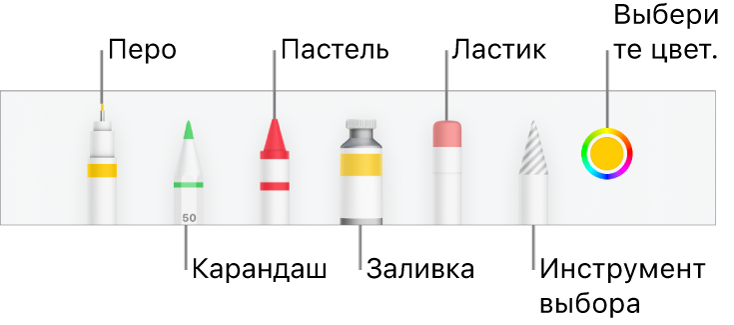 Панель инструментов рисования в Numbers на iPhone: перо, карандаш, пастель, заливка, ластик, инструмент выбора и цветовая область с текущим цветом.