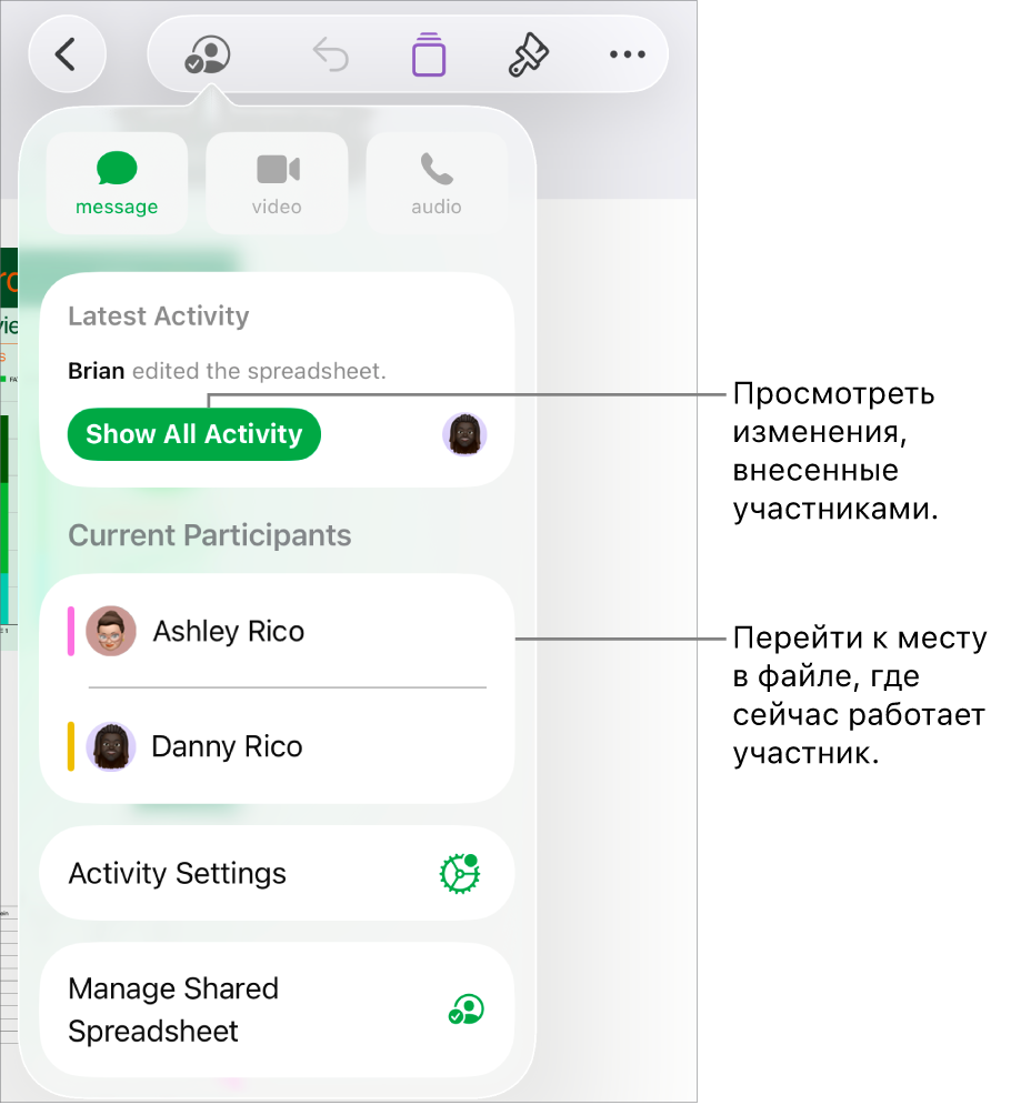 В меню совместной работы показаны активные участники.