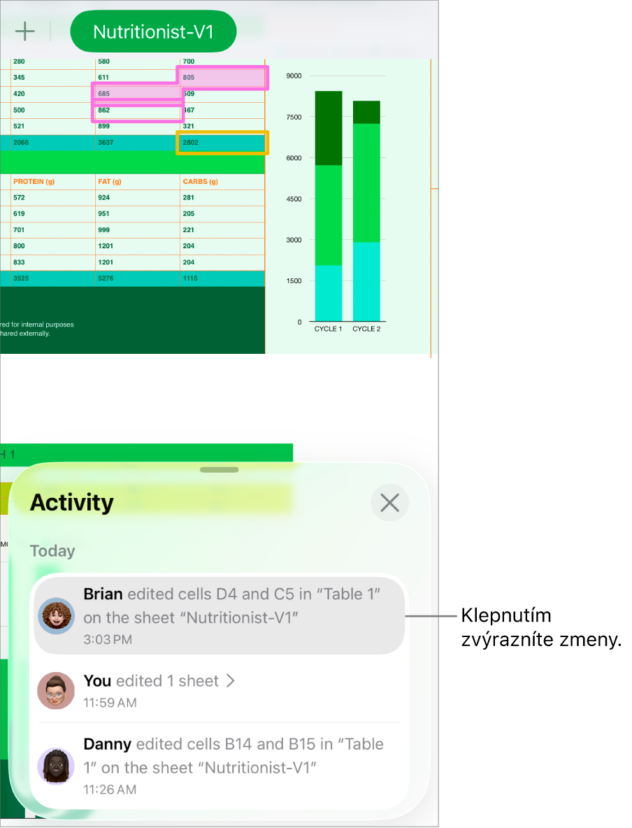 Spoločné tabuľky s otvoreným menu spolupráce a zoznamom aktivít.
