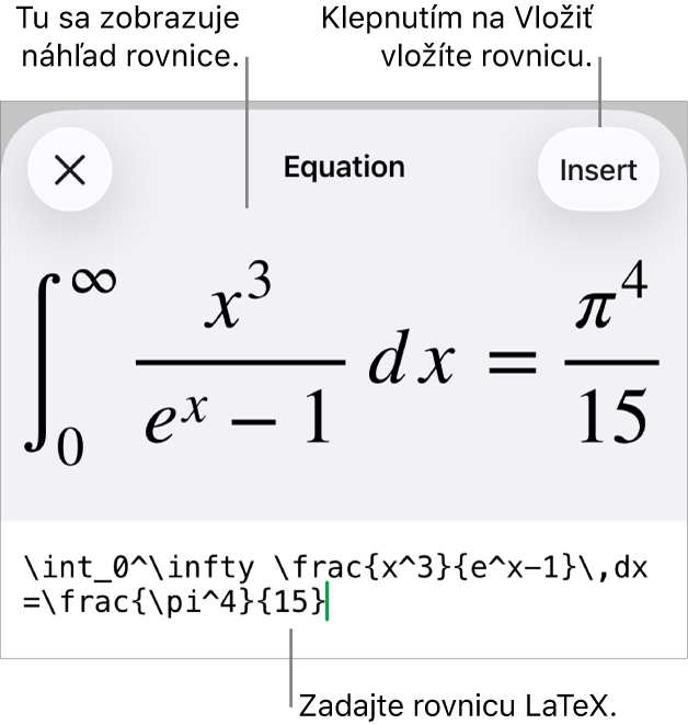 Dialógové okno Rovnica zobrazujúce rovnicu napísanú pomocou príkazov LaTeX, vyššie sa nachádza náhľad vzorca.