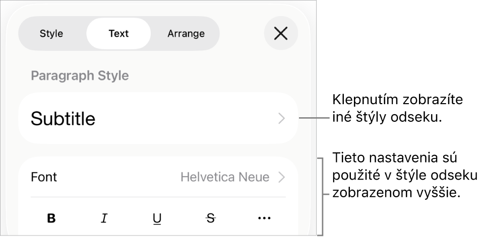 Menu Formát zobrazujúce ovládacie prvky pre nastavenie štýlov odseku a znakov, písma, veľkosti a farby.