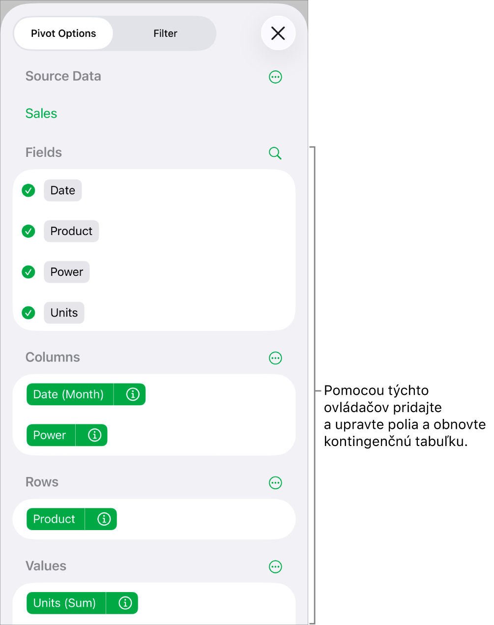 Menu Možnosti kontingenčných prvkov zobrazujúce polia v sekciách Stĺpce, Riadky a Hodnoty, ako aj ovládacie prvky na úpravu polí.