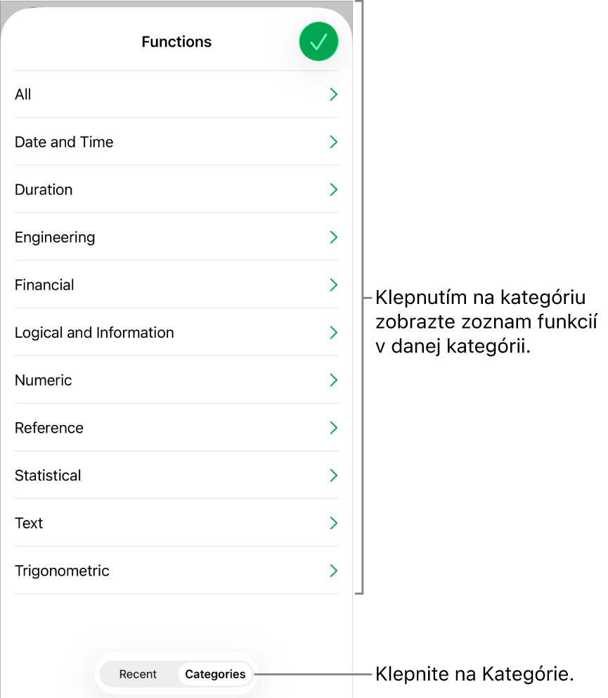 Prehliadač funkcií s označeným tlačidlom Kategórie, pod ktorým sa nachádza zoznam kategórií.