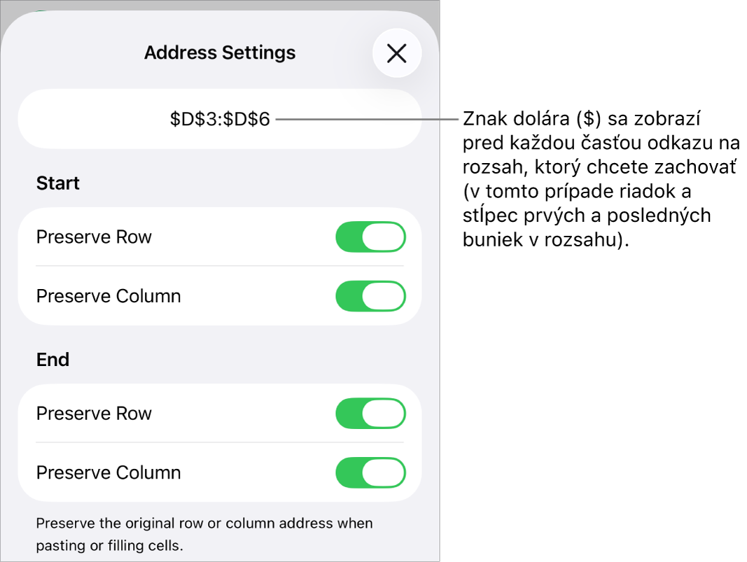 Ovládacie prvky umožňujúce zadať, ktoré z odkazov riadka a stĺpca sa majú zachovať, ak sa bunka presunie alebo skopíruje. Pred každým odkazom na rozsah, ktorý chcete zachovať, sa zobrazí symbol dolára.