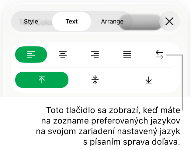 Časť Štýl tlačidla menu Formát s bublinou popisujúcou tlačidlo Sprava doľava.