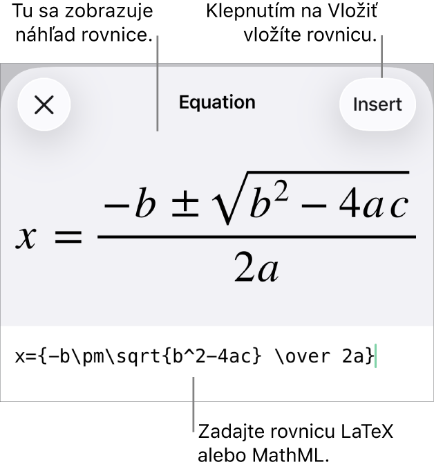 Dialógové okno Rovnica zobrazujúce rovnicu napísanú pomocou príkazov MathML, vyššie sa nachádza náhľad vzorca.