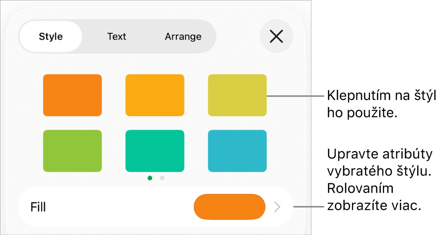 Záložka Štýl menu Formát so štýlmi tvarov v hornej časti a paletou farieb výplne pod nimi.