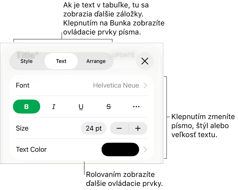 Ovládacie prvky textu v menu Formát pre nastavenie štýlov, písma, veľkosti a farby odsekov a znakov.