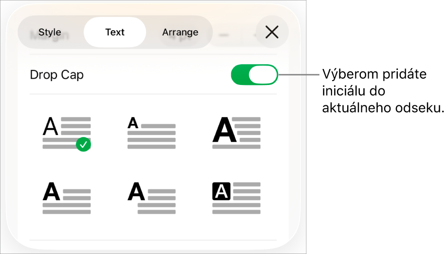 Ovládacie prvky Iniciálka v menu Text.