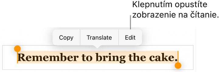 Je označená veta a nad ňou sa zobrazí kontextové menu s tlačidlami Kopírovať a Upraviť.