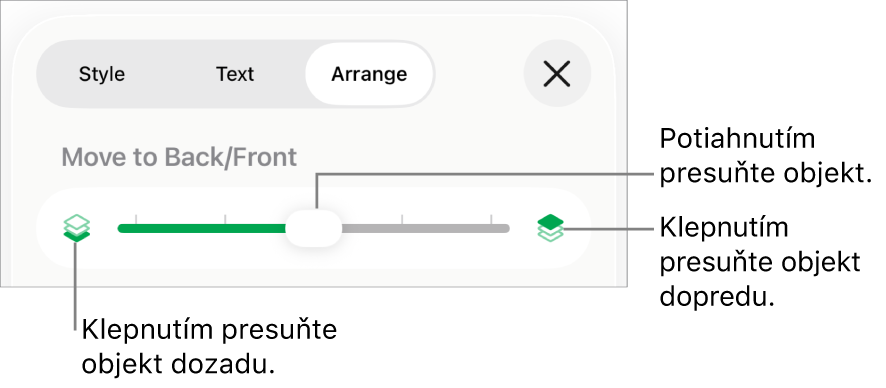 Tlačidlo Presunúť dozadu, tlačidlo Presunúť dopredu a posuvník vrstiev.