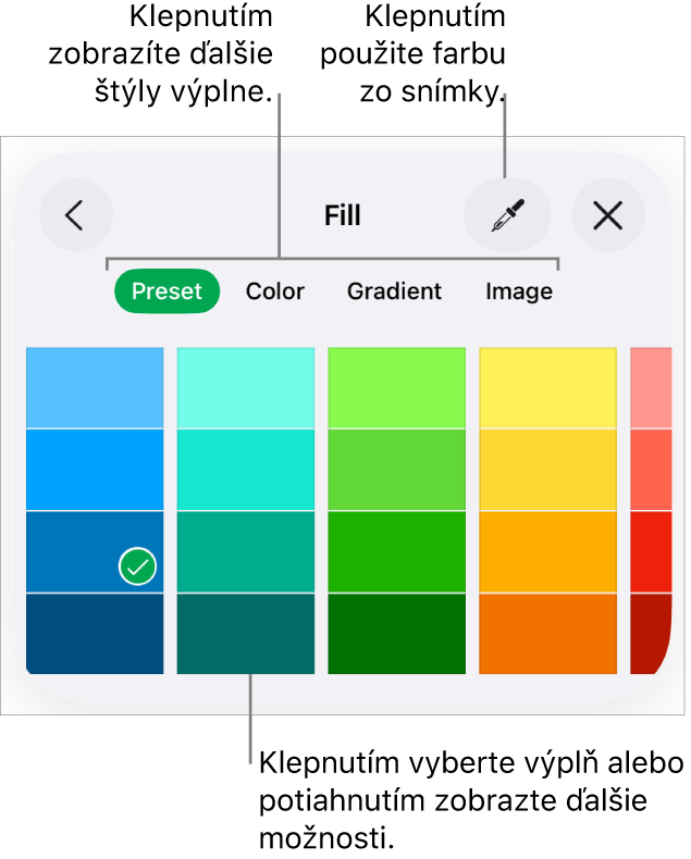 Možnosti výplní na záložke Štýl tlačidla Formát.