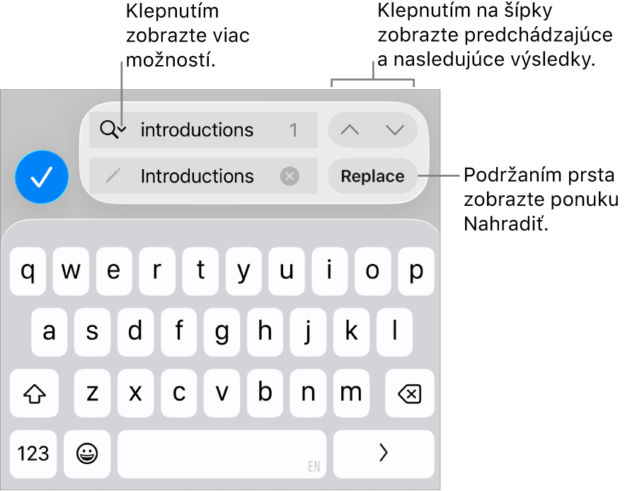 Ovládacie prvky Nájsť a nahradiť nad klávesnicou s popismi tlačidiel Možnosti vyhľadávania, Nahradiť, Ísť nahor a Ísť nadol.