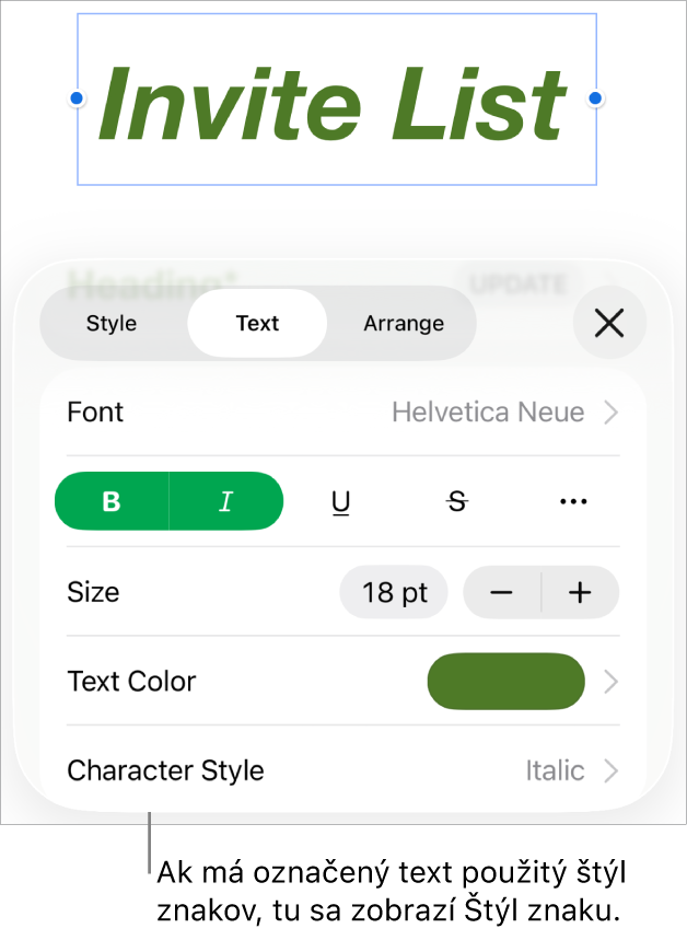 Ovládacie prvky Text s položkou Štýl znakov pod ovládacími prvkami Farba. Štýl znakov Žiadne sa zobrazuje s hviezdičkou.