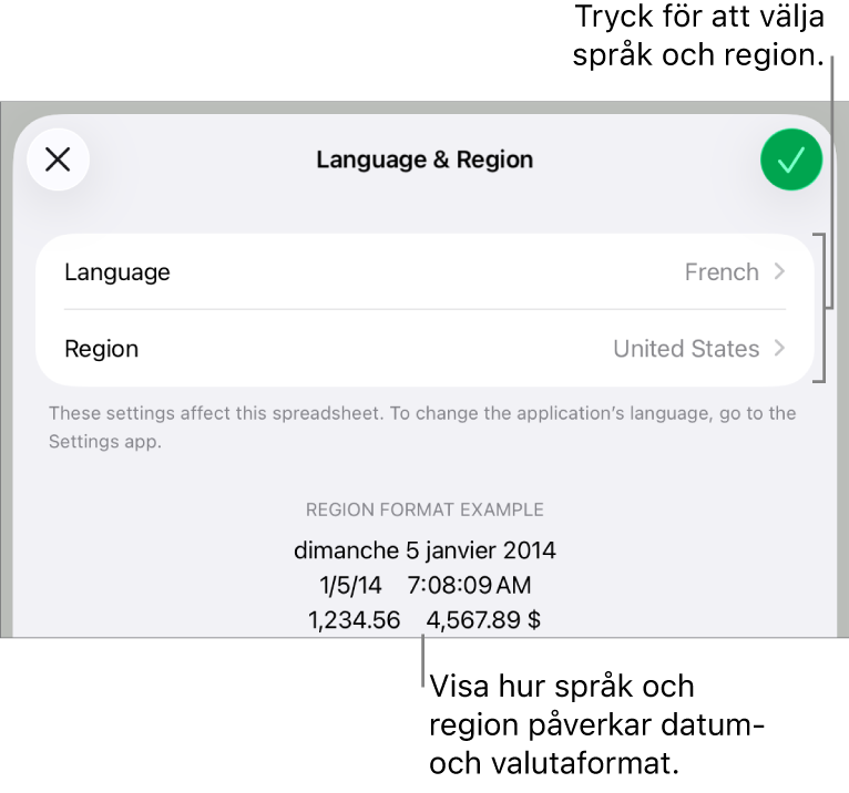 Panelen Språk och region med reglage för språk och region samt ett formatexempel med datum, tid, decimal och valuta.
