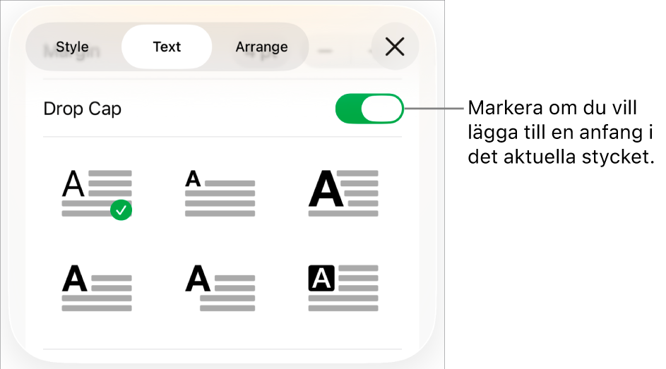 Anfangreglagen i menyn Text.