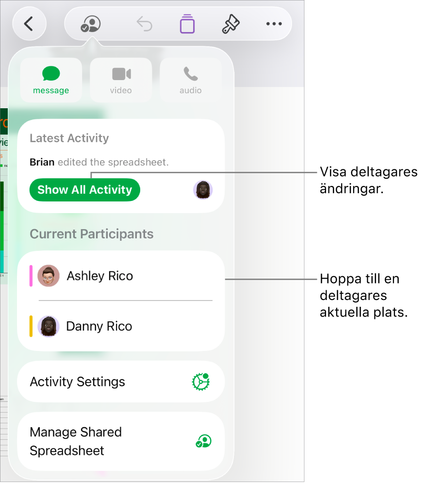 Samarbetsmenyn med aktuella deltagare listade.