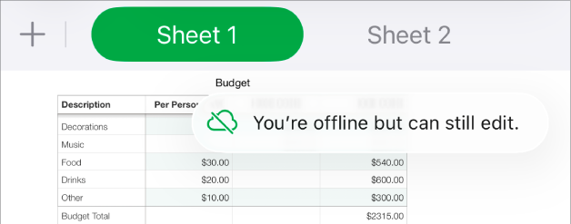 Knapparna överst på skärmen med knappen Samarbete ändrad till ett moln med ett diagonalt streck genom det. Ett meddelande på skärmen säger Du är nedkopplad men kan fortfarande redigera.