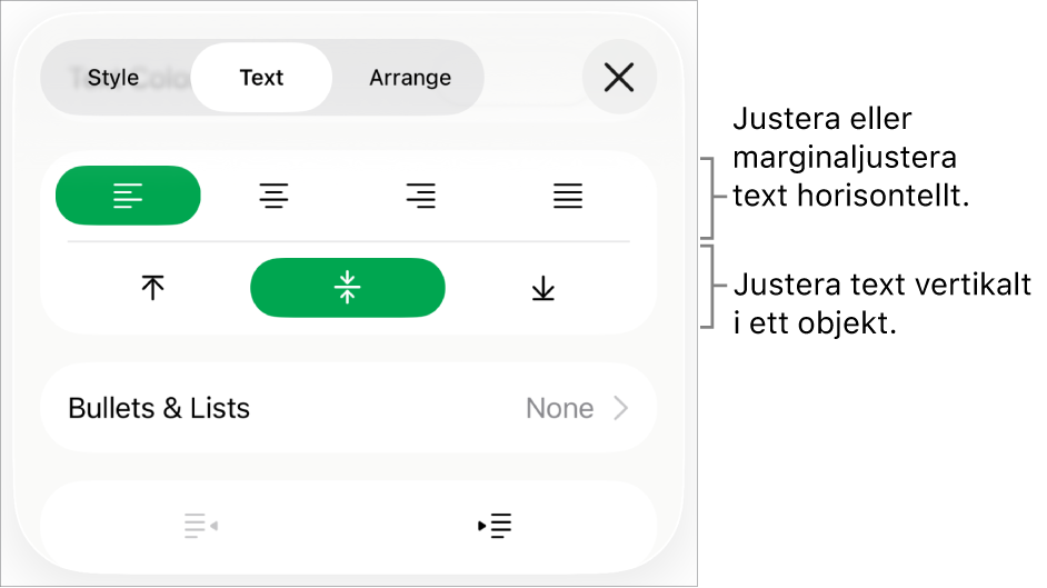 Layoutavsnittet i formatgranskaren med pilar som pekar på knapparna för textjustering och mellanrum.