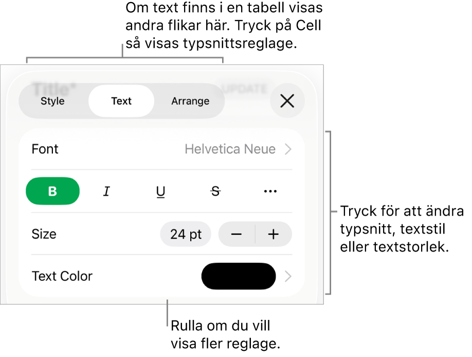 Textreglage i menyn Format för att ställa in stycke- och teckenstilar, typsnitt, storlek och färg.