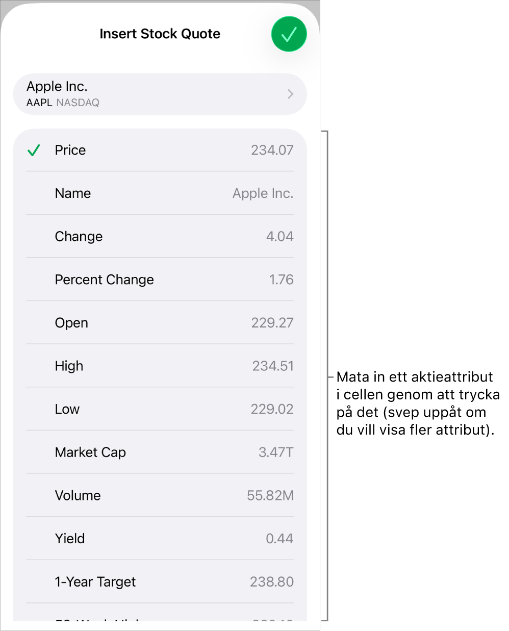 Popovern för aktiekurs med aktienamnet högst upp och valbara aktieattribut, bland annat pris, namn, ändring, procentändring och startkurs, i en lista nedanför.