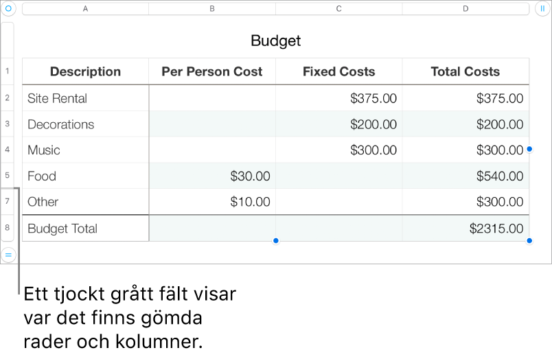 Ett tjockt grått fält visar var det finns gömda rader och kolumner.