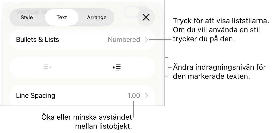 Avsnittet Punkter och listor i formatreglagen med streck som pekar på Punkter och listor, knapparna för indrag och minskat indrag samt reglage för radavstånd.