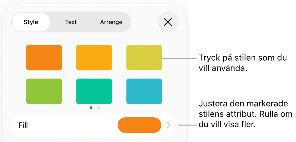 Fliken Stil i menyn Format med formstilar överst och en färgkälla för fyllning under.