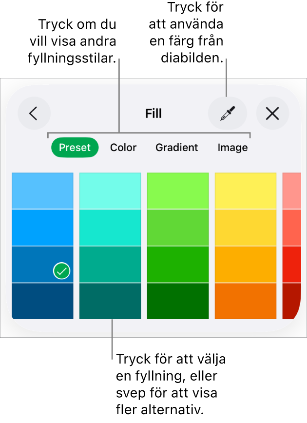 Fyllningsalternativ på fliken Stil för formatknappen.