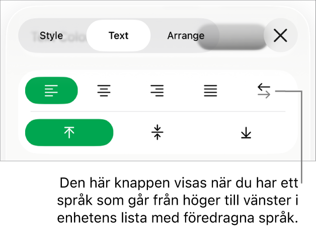 Stilavsnittet för menyn Format med en linje som pekar på höger-till-vänsterknappen.