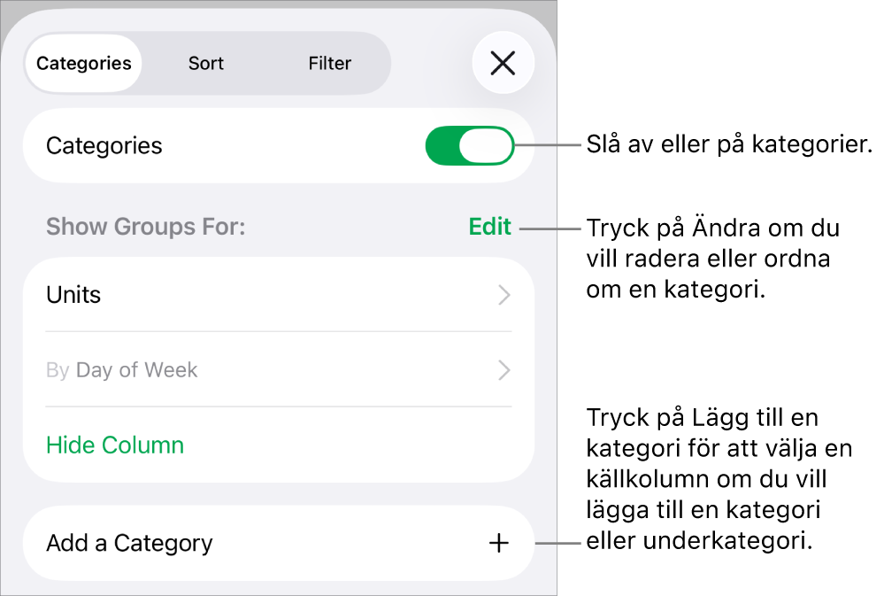 Menyn Kategorier för iPhone med alternativ för att slå av kategorier, radera kategorier, gruppera om data, gömma en källkolumn och lägga till kategorier.