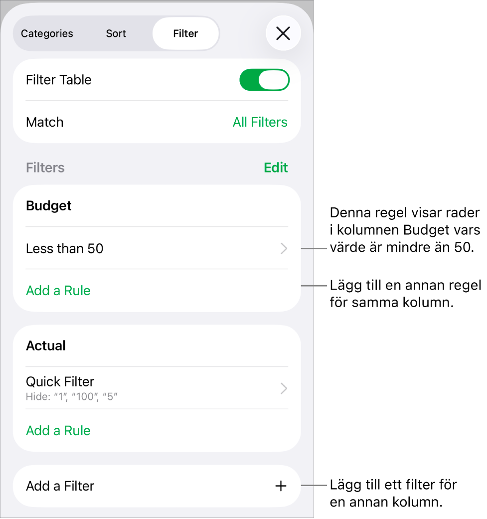 Reglage för att lägga till nya filtreringsregler eller redigera befintliga.