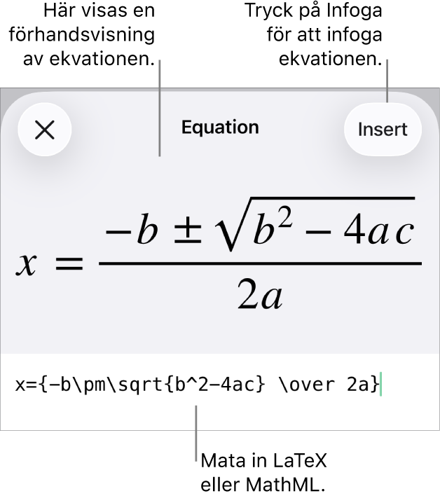 Dialogrutan Ekvation visar en ekvation som skrivits med MathML-kommandon och en förhandsvisning av formeln ovanför den.