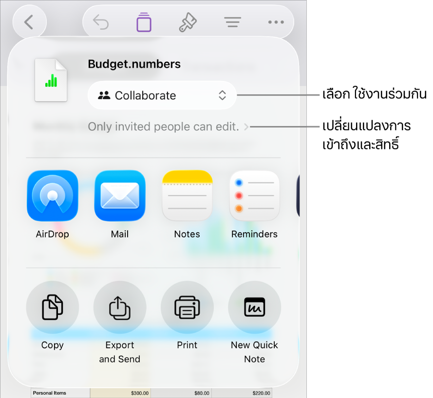 เมนูแชร์ที่มีใช้งานร่วมกันถูกเลือกอยู่ที่ด้านบนสุด และการตั้งค่าการเข้าถึงและสิทธิ์อยู่ที่ด้านล่าง