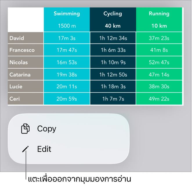 ตารางถูกเลือกอยู่ และด้านล่างเป็นเมนูที่มีปุ่มคัดลอกและปุ่มแก้ไข