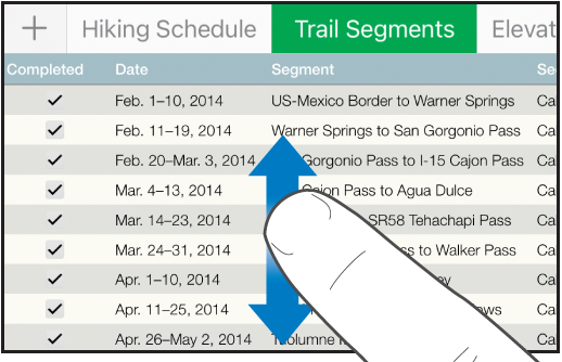 นิ้วหนึ่งนิ้วที่เลื่อนขึ้นลงเพื่อเลื่อนภายในตาราง