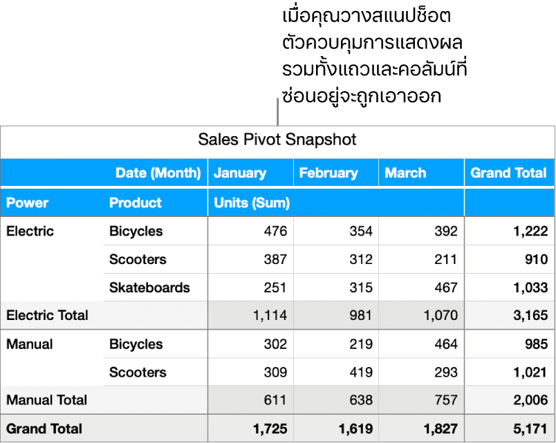สแนปช็อตของตารางแบบ Pivot