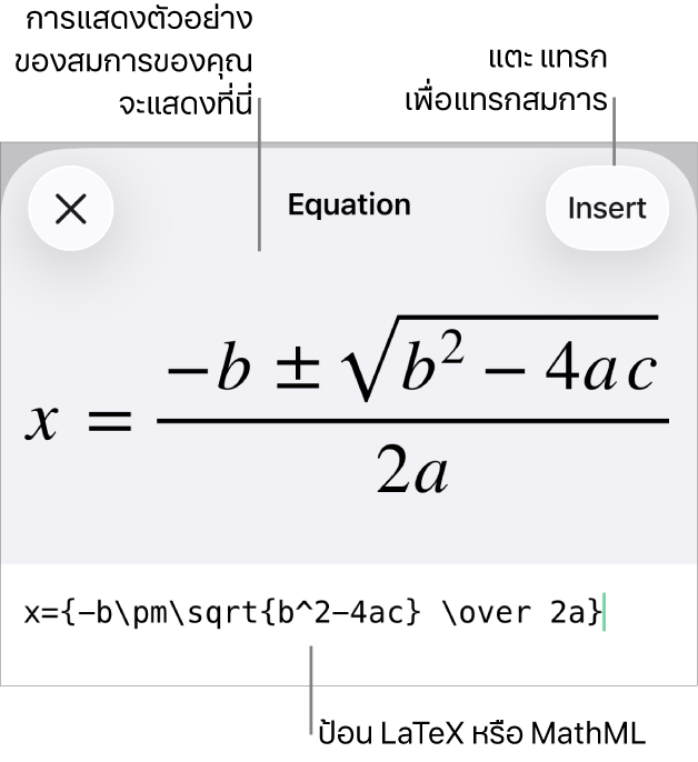 หน้าต่างโต้ตอบสมการ ที่แสดงสมการที่เขียนโดยใช้คำสั่ง MathML และการแสดงตัวอย่างของสูตรด้านบน
