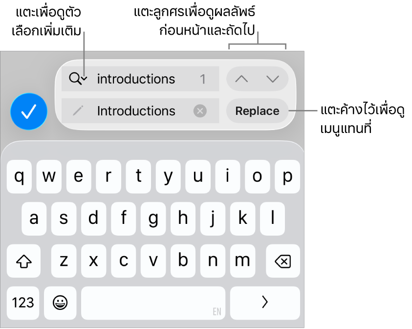 ตัวควบคุมค้นหาและแทนที่ด้านบนแป้นพิมพ์พร้อมคำอธิบายของปุ่มตัวเลือกค้นหา แทนที่ ขึ้น และลง