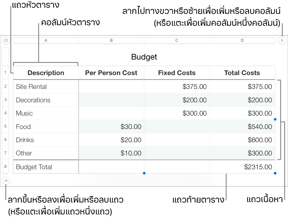 ตารางที่แสดงแถวและคอลัมน์หัวตาราง ตัวตาราง และท้ายตาราง และขอบจับเพื่อเพิ่มหรือลบแถวหรือคอลัมน์