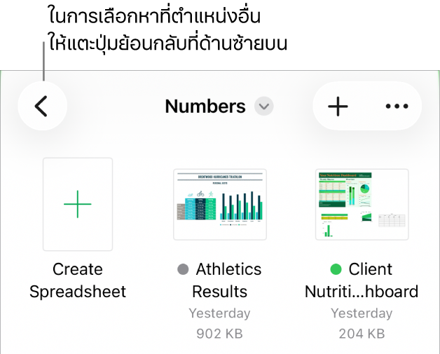 มุมมองเลือกหาของตัวจัดการเอกสารพร้อมลิงก์ตำแหน่งที่มุมซ้ายบนและช่องค้นหาทางด้านล่าง ที่มุมขวาบนสุด ได้แก่ ปุ่มเพิ่มสเปรดชีตและปุ่มอื่นๆ ที่ด้านล่างสุดของหน้าจอคือปุ่มล่าสุดและปุ่มเลือกหา