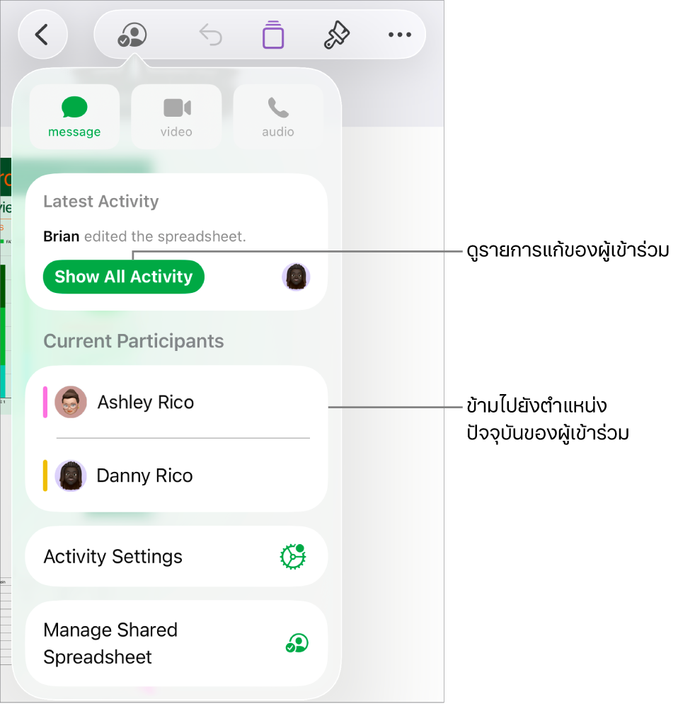 เมนูการใช้งานร่วมกันที่มีผู้เข้าร่วมปัจจุบันหลายคนแสดงอยู่ในรายการ