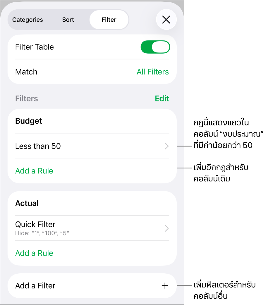 การควบคุมสำหรับเพิ่มกฎการฟิลเตอร์ใหม่หรือการแก้ไขกฎที่มีอยู่แล้ว