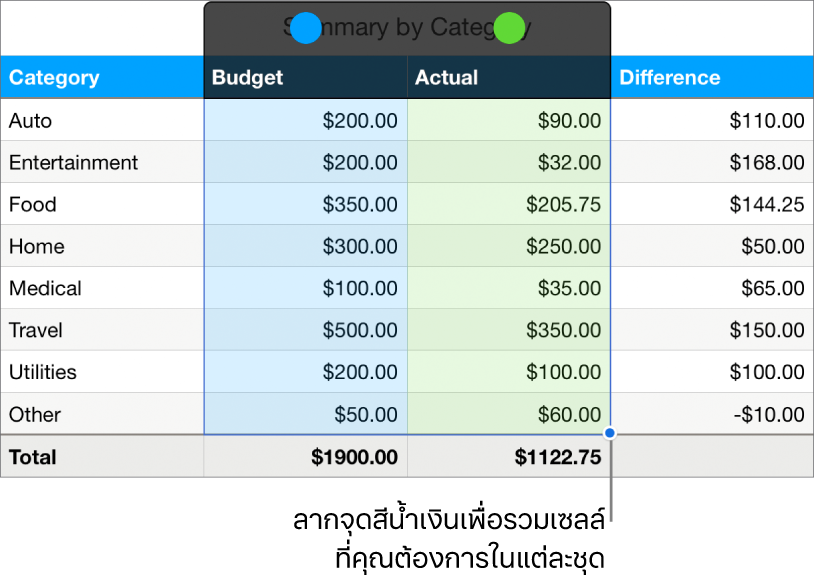เซลล์ตารางที่แสดงชุดของขอบจับส่วนที่เลือก