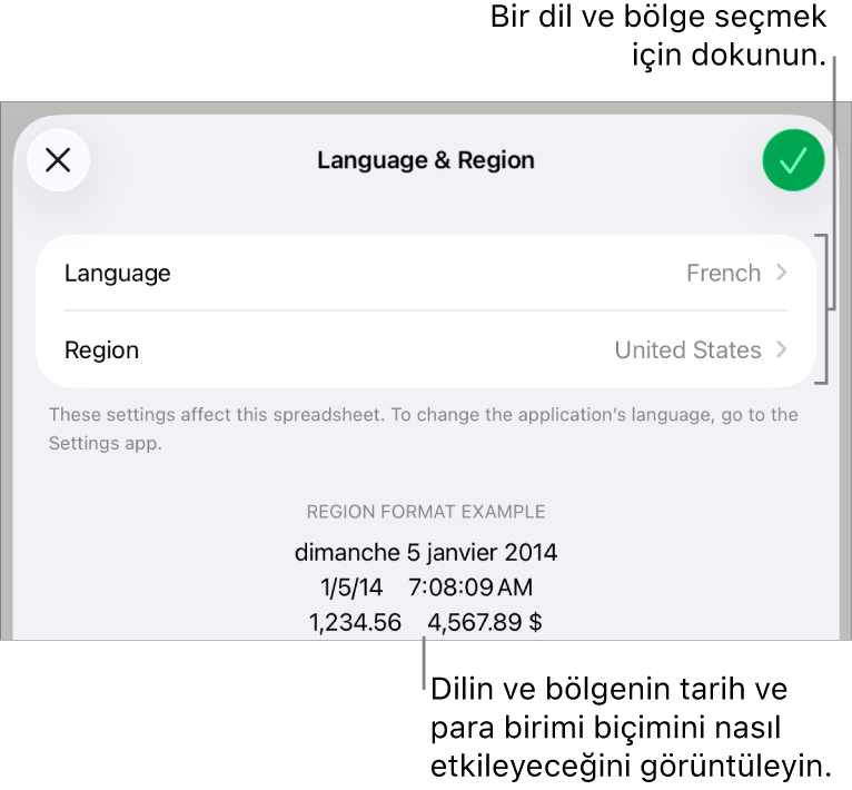 Dil ve bölge denetimleri ve tarih, saat, ondalık ve para birimi de dahil olmak üzere bir biçim örneği ile Dil ve Bölge bölümü.