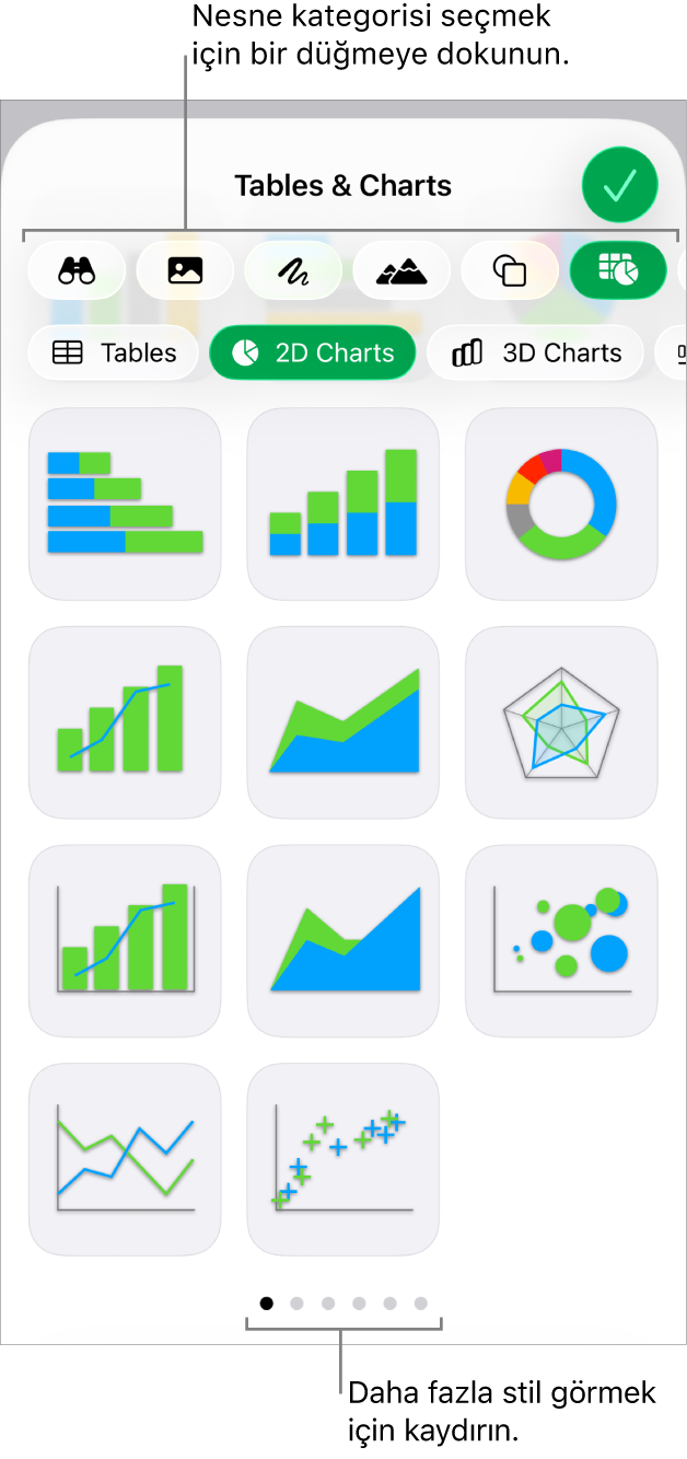 En üstte tablo, grafik, şekil (çizgiler ve metin kutuları da dahil olmak üzere) ve ortam seçme düğmelerini gösteren nesne ekleme denetimleri.