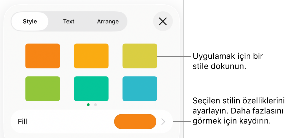 En üstte şekil stilleri ve onların altında doldurma rengi kutusuyla Biçim menüsünün Stil sekmesi.