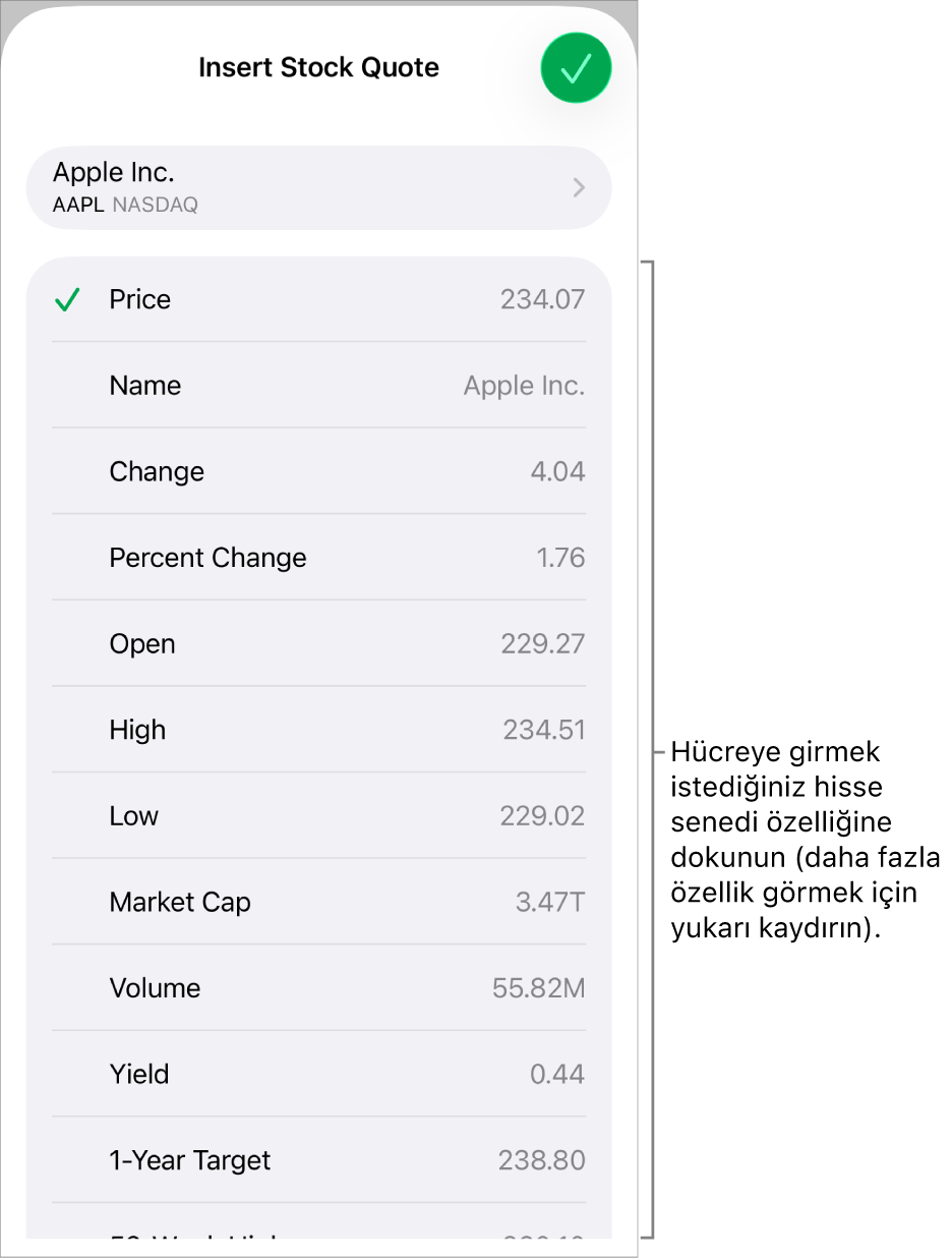 En üstte hisse senedi adı ve onun altında fiyat, ad, değişim, değişim yüzdesi ve açılış da dahil olmak üzere seçilebilir hisse senedi özellikleri listelenen hisse senedi verisi üst öğesi.